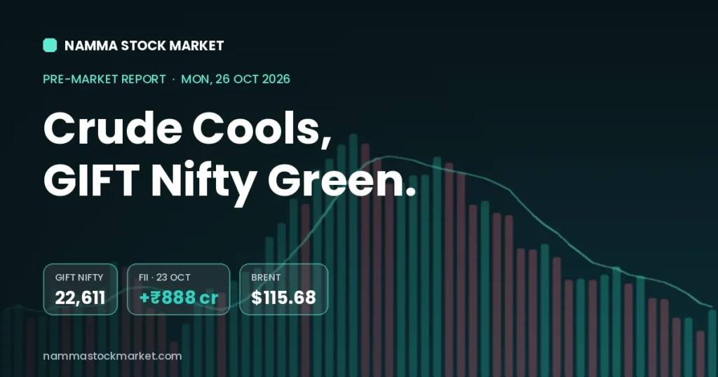 Stock market today 26 October 2026 pre-market report: GIFT Nifty today at 22,611, FII DII data for 23 October and Brent crude at $115.68, Nifty 50 and Sensex NSE pre market cues