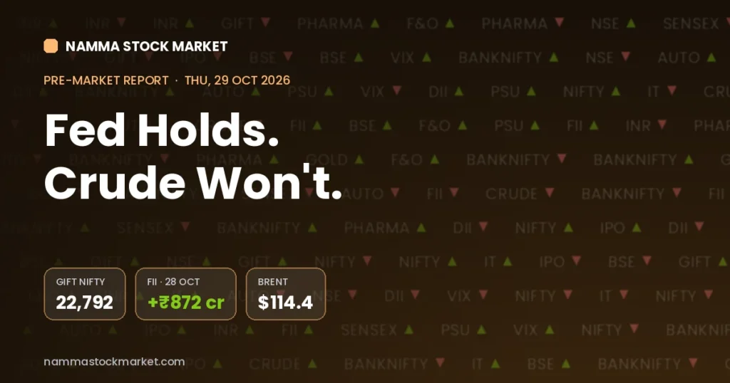 Stock market today 29 October 2026 pre-market report: GIFT Nifty at 22,792, FII net buy of Rs 872 crore on 28 October and Brent crude at $114.4 a barrel