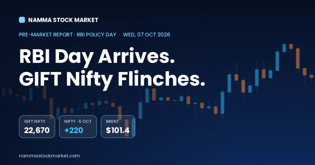Stock market today 7 October 2026 pre-market report: GIFT Nifty at 22,670, Nifty 50 up 220 points on 6 October, Brent crude at $101.4, ahead of the RBI MPC rate decision